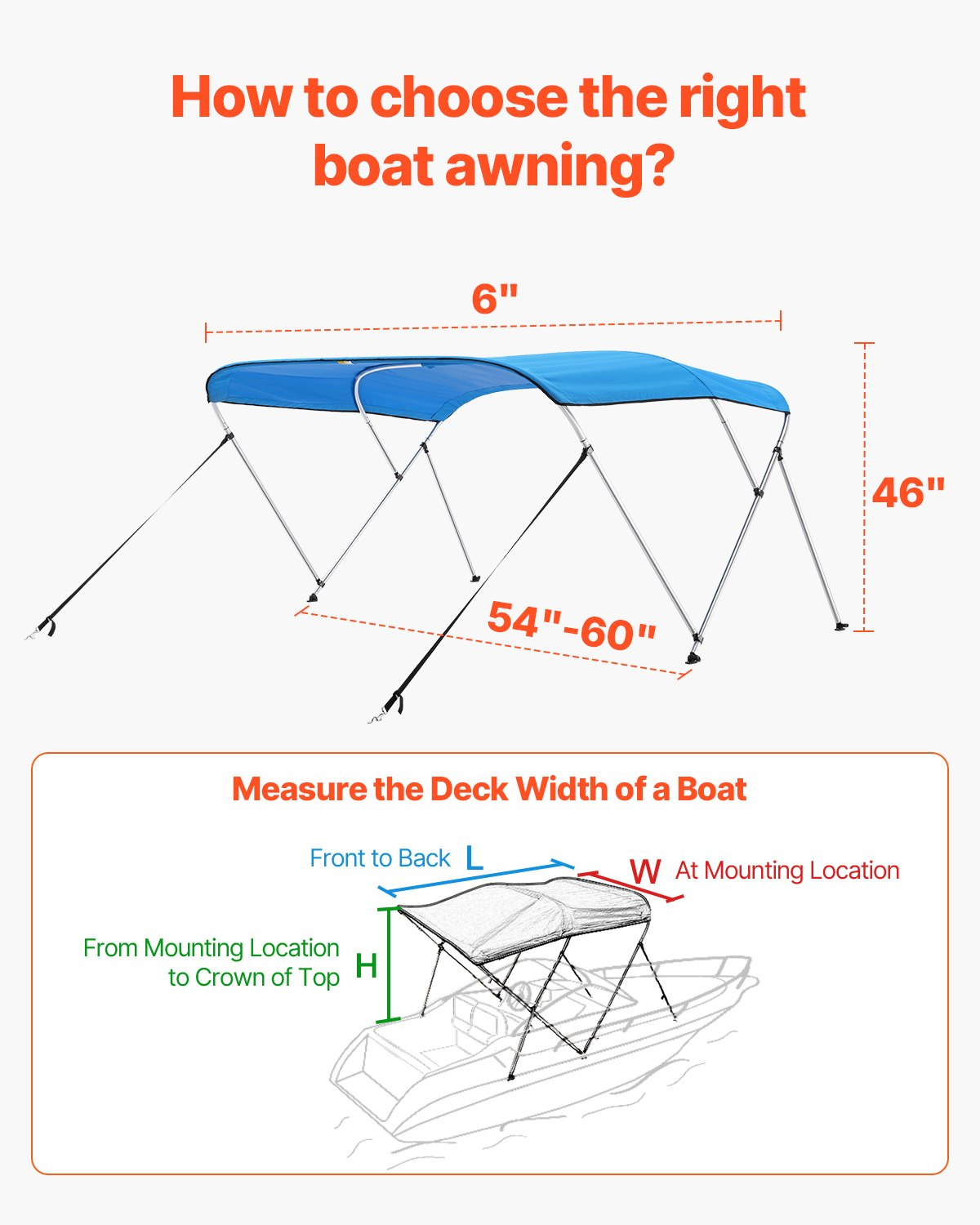 3 Bow Boat Bimini Tops 6 ft Long 600D Polyester Awning Canopy Pacific Blue