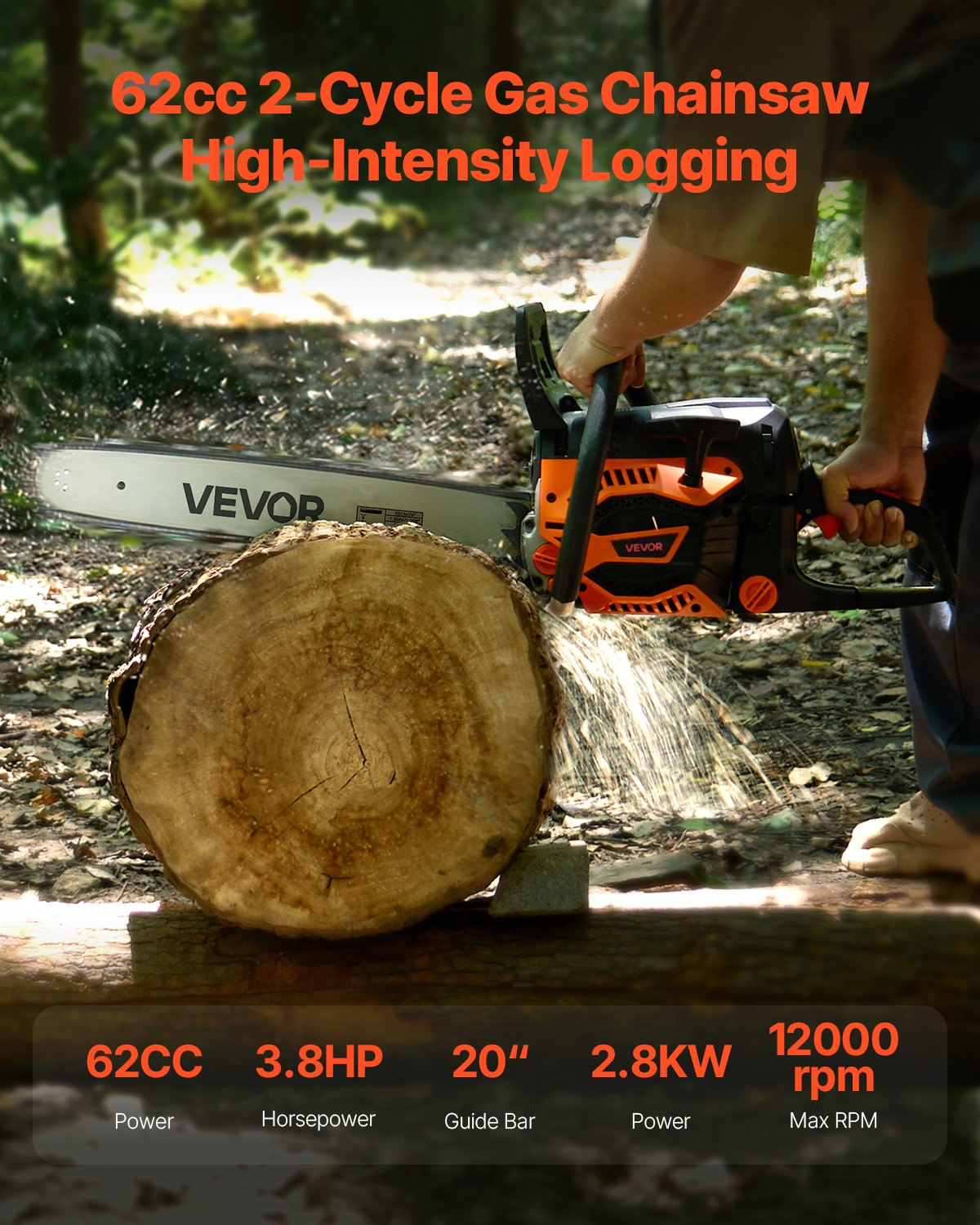 62cc Gas Chainsaw 3.8 HP Gas Powered 20 inch Chainsaw For Wood