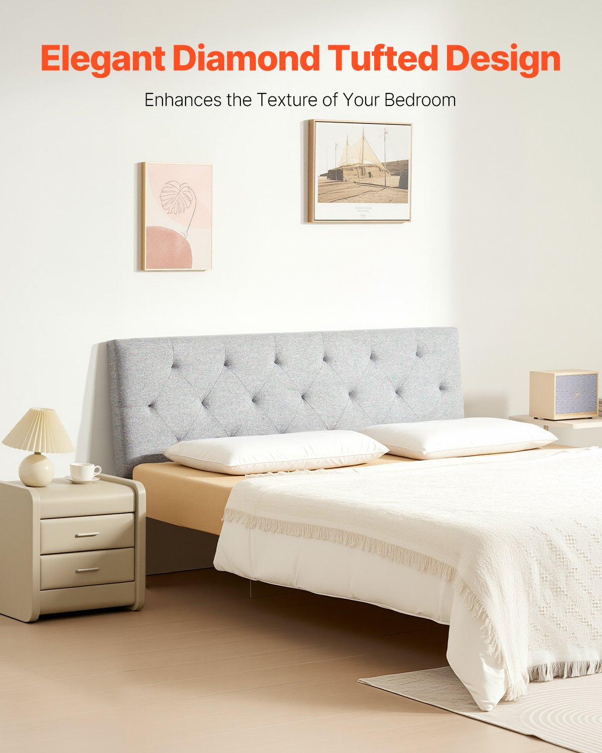Full Size Tufted Headboard, Adjustable Height, Light Grey, W56.3" x H35.6-47.4"