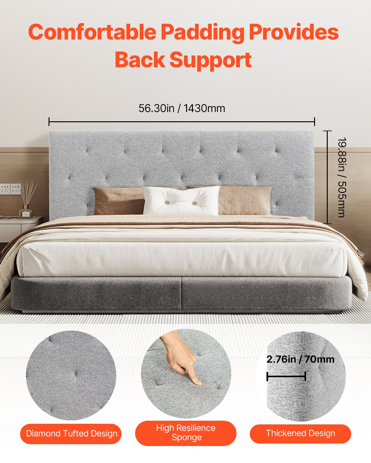 Full Size Tufted Headboard, Adjustable Height, Light Grey, W56.3" x H35.6-47.4"