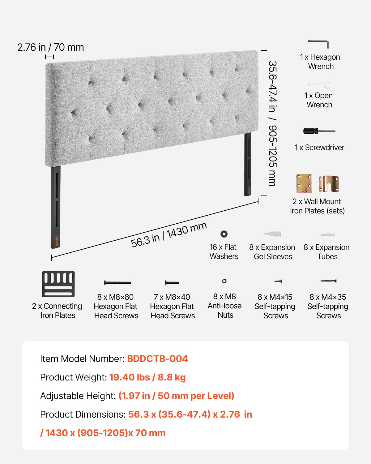 Full Size Tufted Headboard, Adjustable Height, Light Grey, W56.3" x H35.6-47.4"