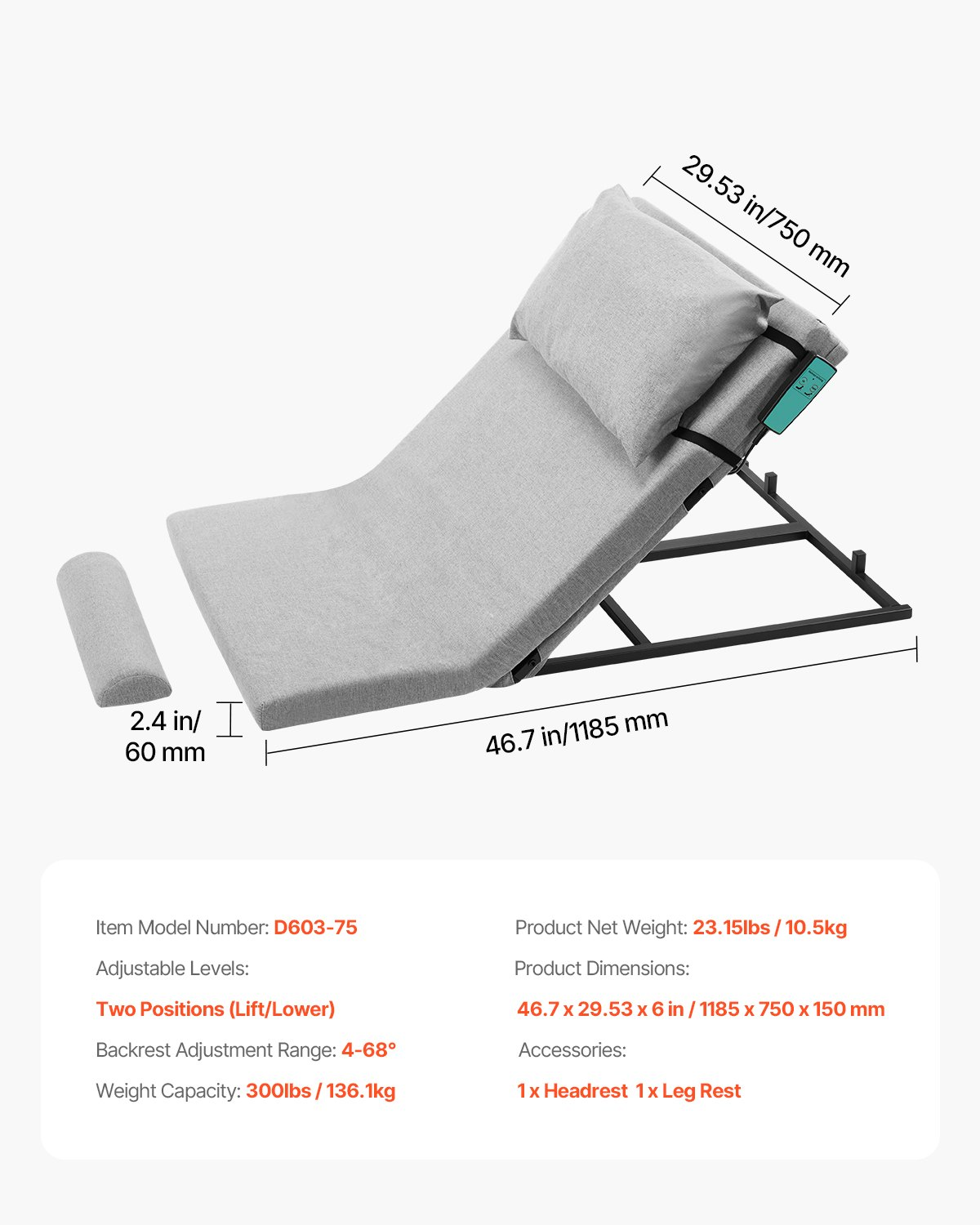 Electric Lifting Backrest 300 lbs 4-68° Adjustable Lifting Bed Backrest