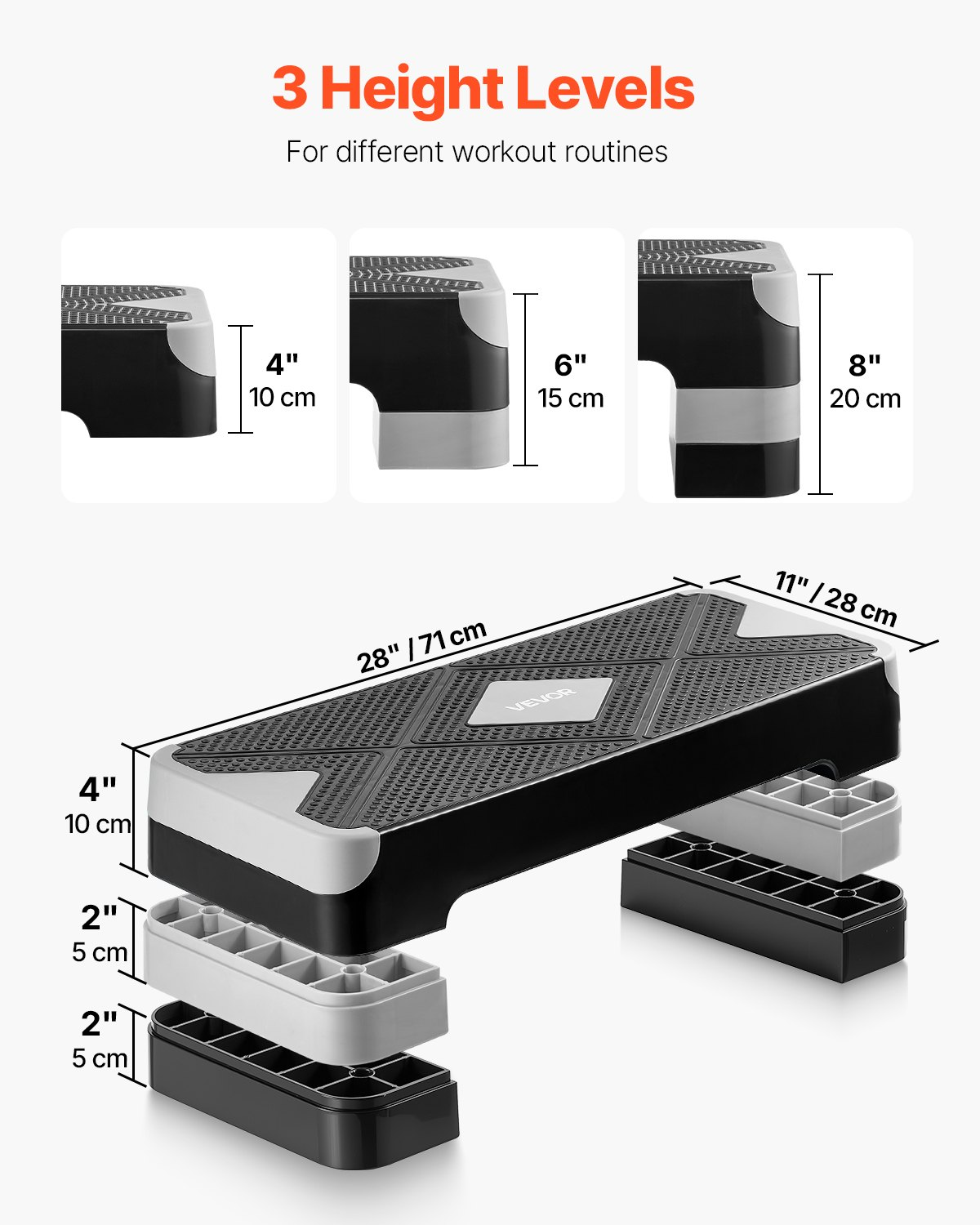 28" Aerobic Step Platform Adjustable Workout Stepper w/4 Risers Gray