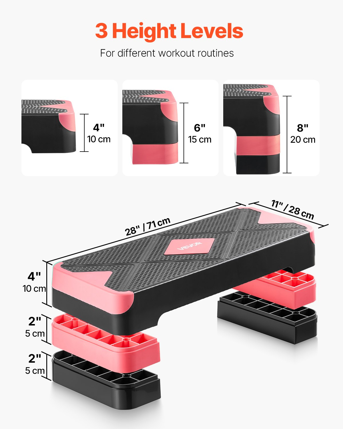 28" Aerobic Step Platform Adjustable Fitness Stepper w/4 Risers Red
