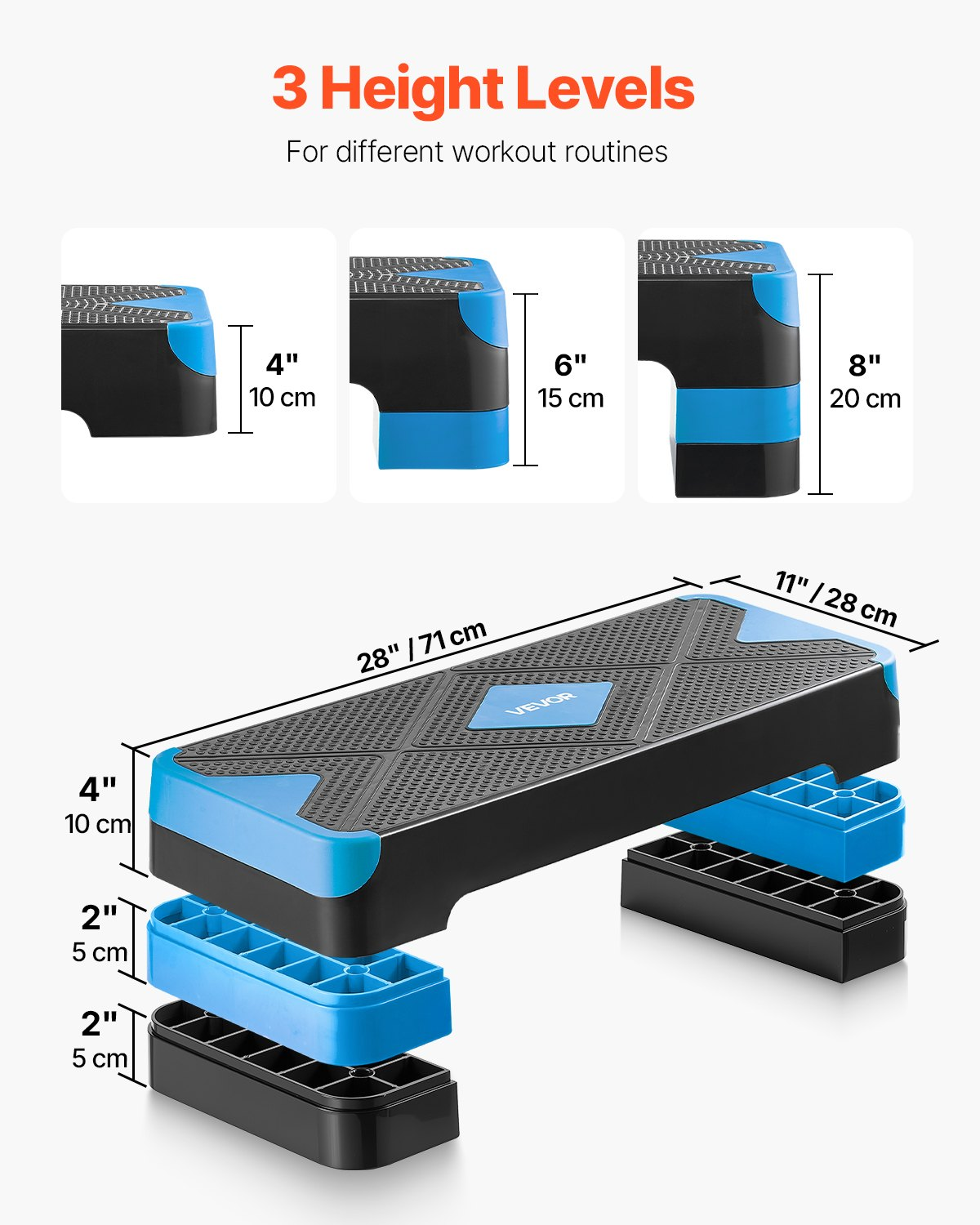 28" Aerobic Step Platform Adjustable Workout Stepper w/4 Risers Blue