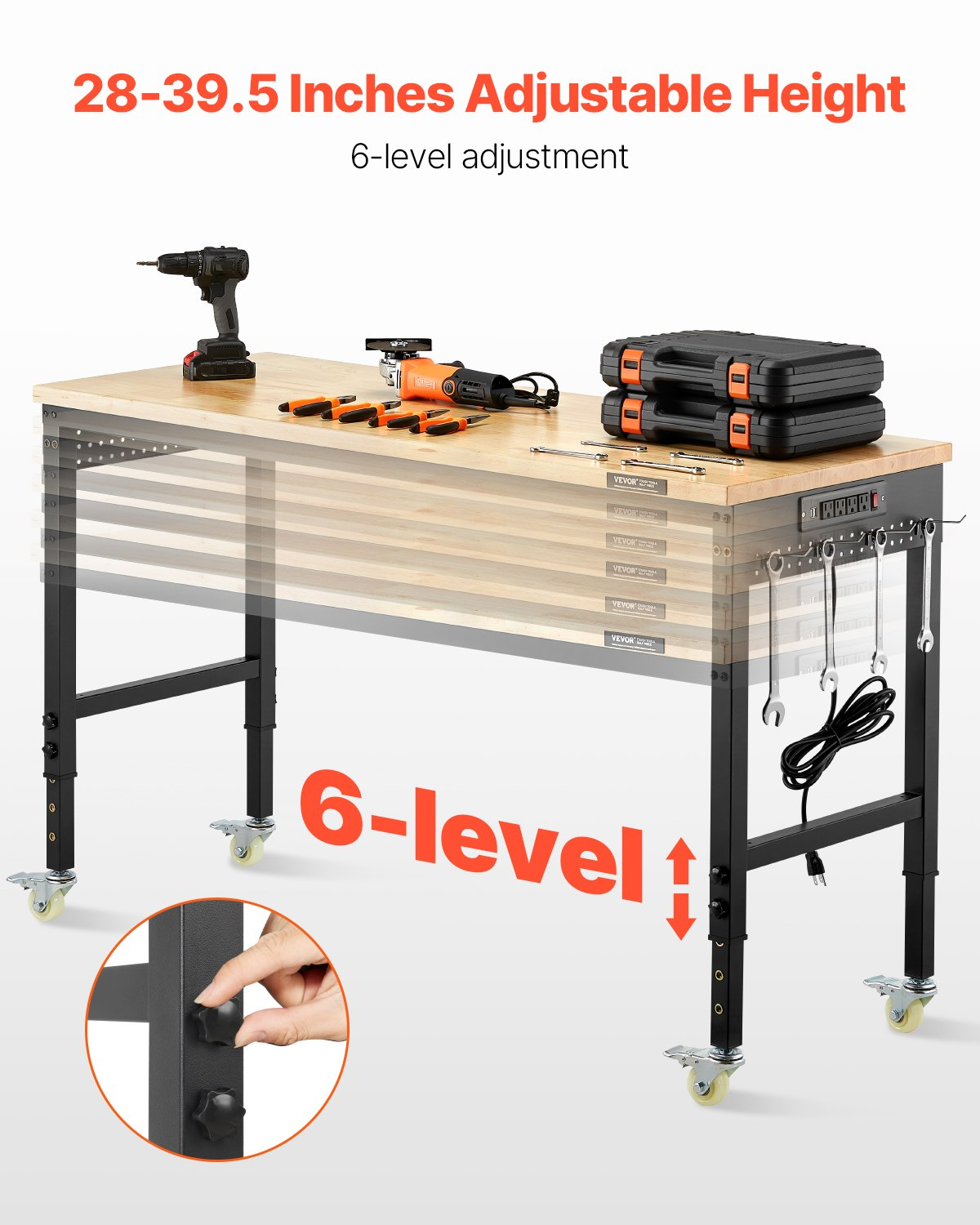 60" Workbench on Wheels Adjustable Height Table with Power Outlet & Pegboard