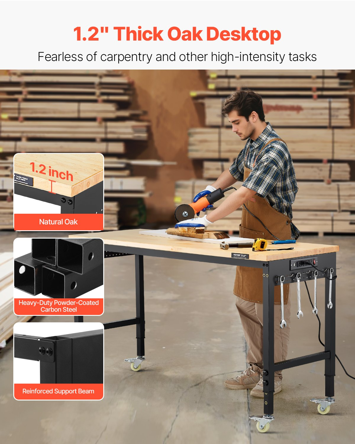 60" Workbench on Wheels Adjustable Height Table with Power Outlet & Pegboard