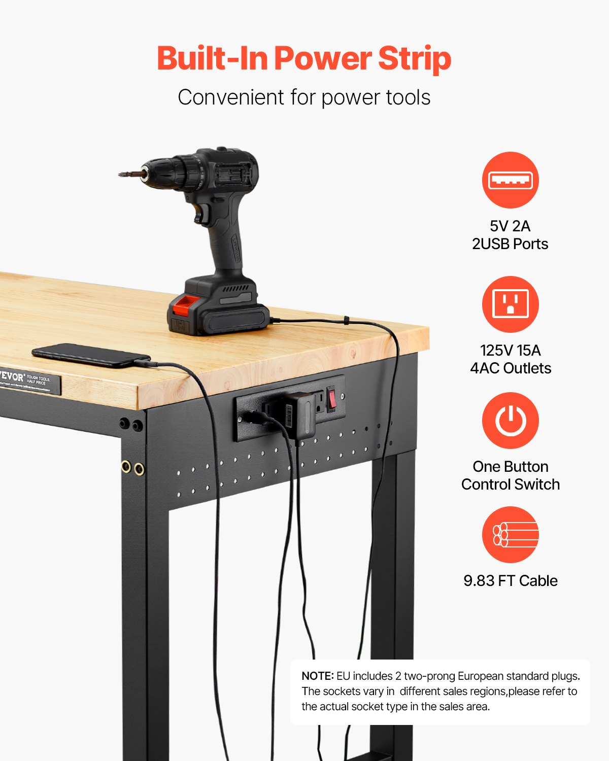 60" Workbench on Wheels Adjustable Height Table with Power Outlet & Pegboard