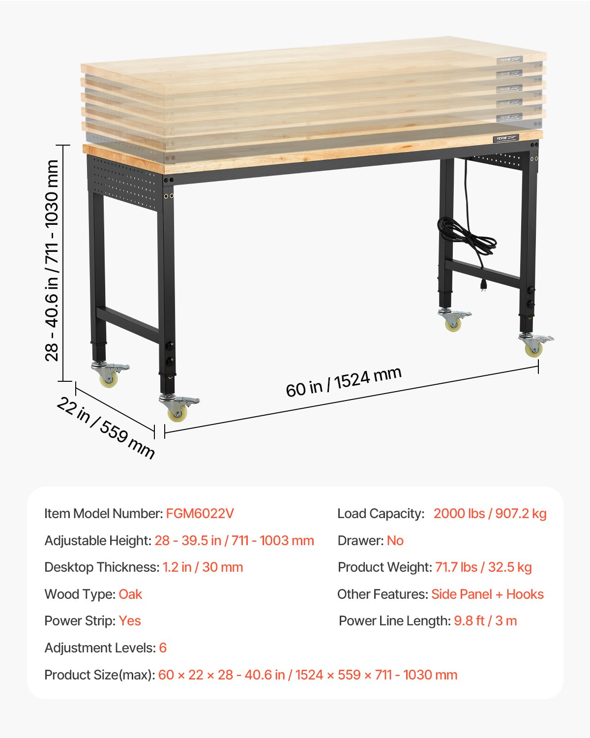 60" Workbench on Wheels Adjustable Height Table with Power Outlet & Pegboard