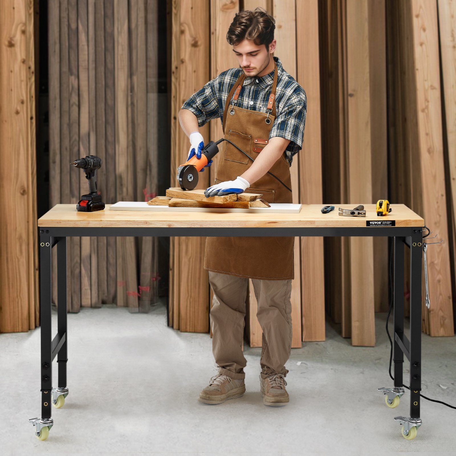 60" Workbench on Wheels Adjustable Height Table with Power Outlet & Pegboard