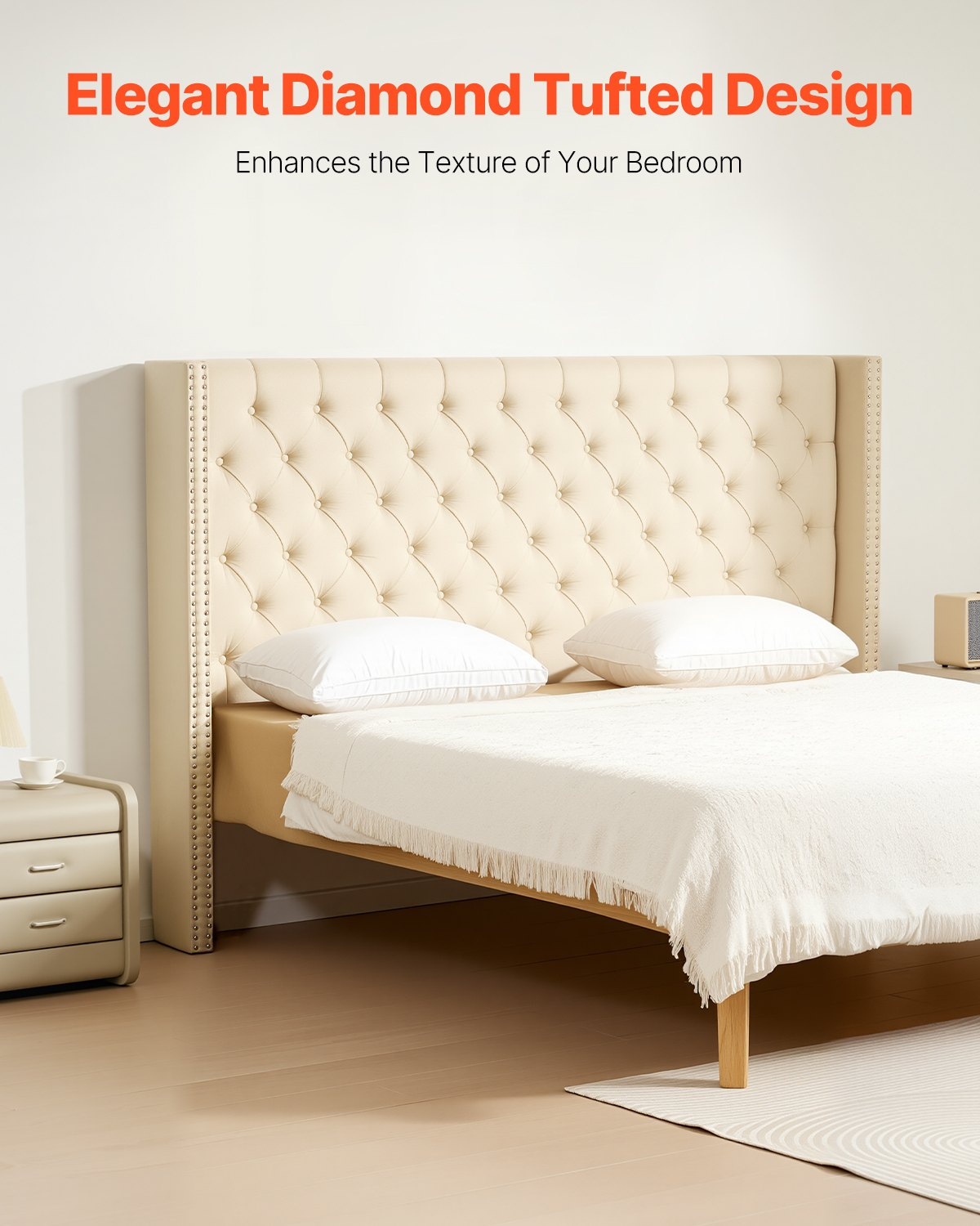 Headboard for King Size Bed with Adjustable Height Sponge & Fabric Cream