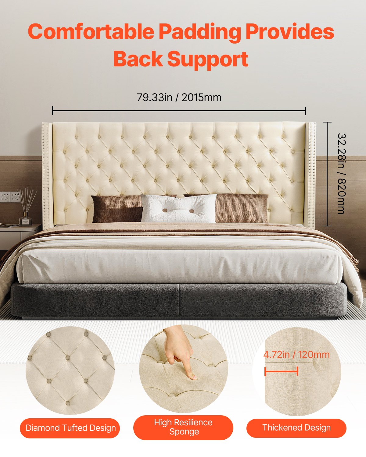Headboard for King Size Bed with Adjustable Height Sponge & Fabric Cream