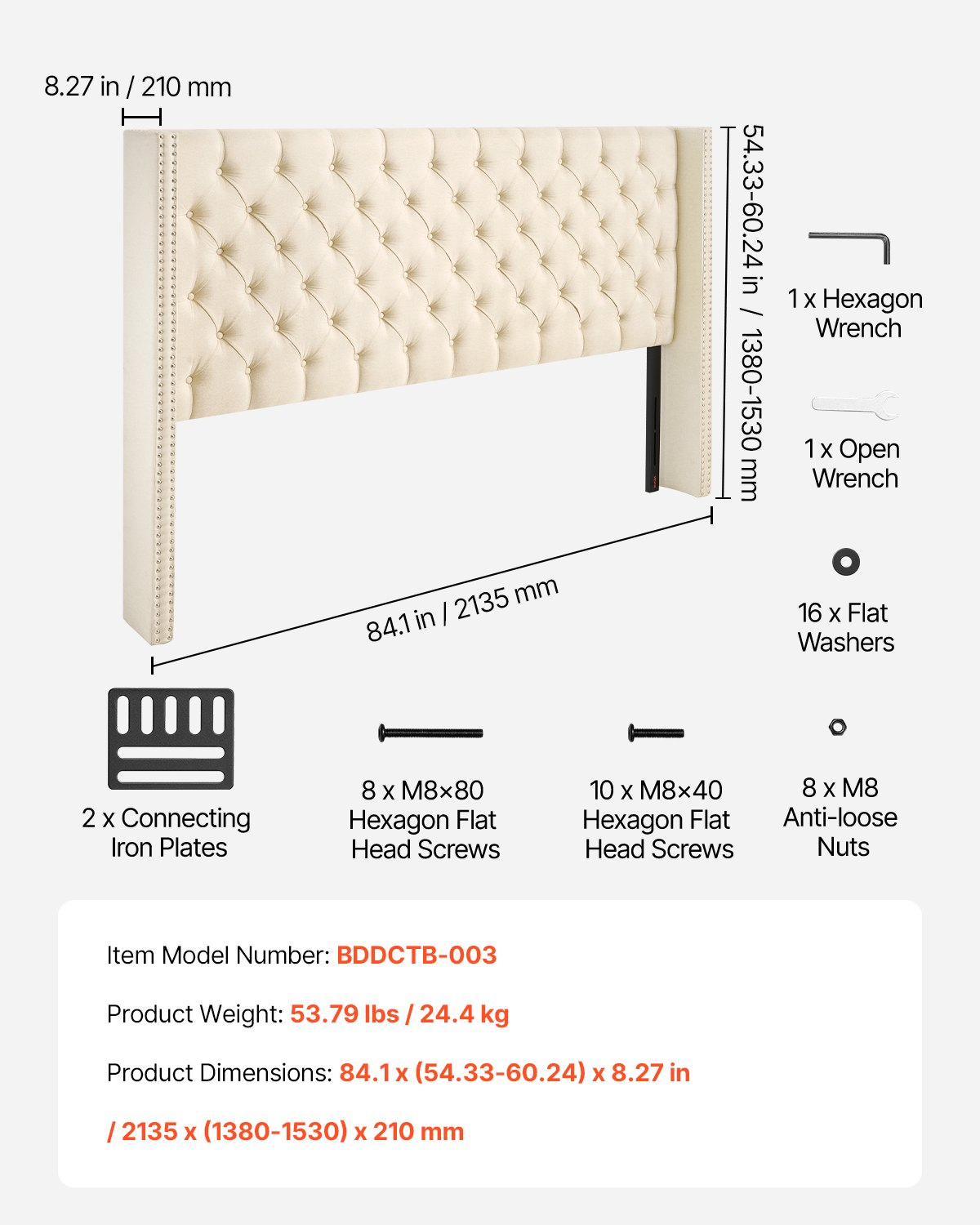 Headboard for King Size Bed with Adjustable Height Sponge & Fabric Cream