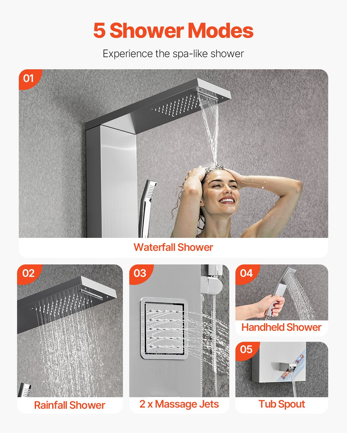 Shower Panel Tower System Stainless Steel Column Rainfall Head Massage Jet 5Mode