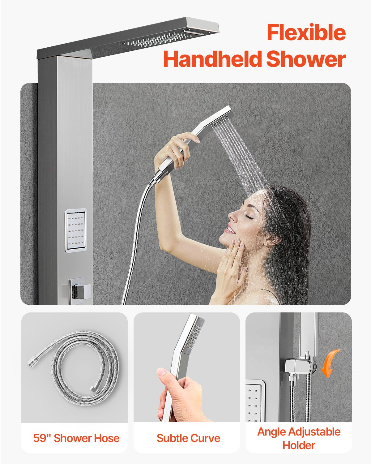 Shower Panel Tower System Stainless Steel Column Rainfall Head Massage Jet 5Mode