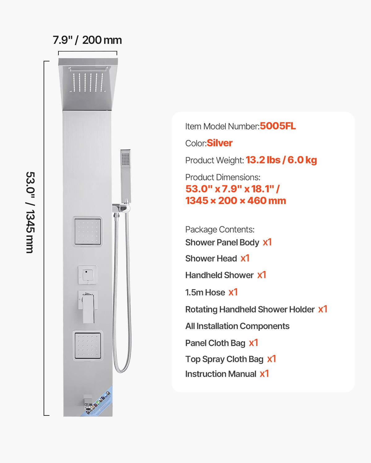 Shower Panel Tower System Stainless Steel Column Rainfall Head Massage Jet 5Mode