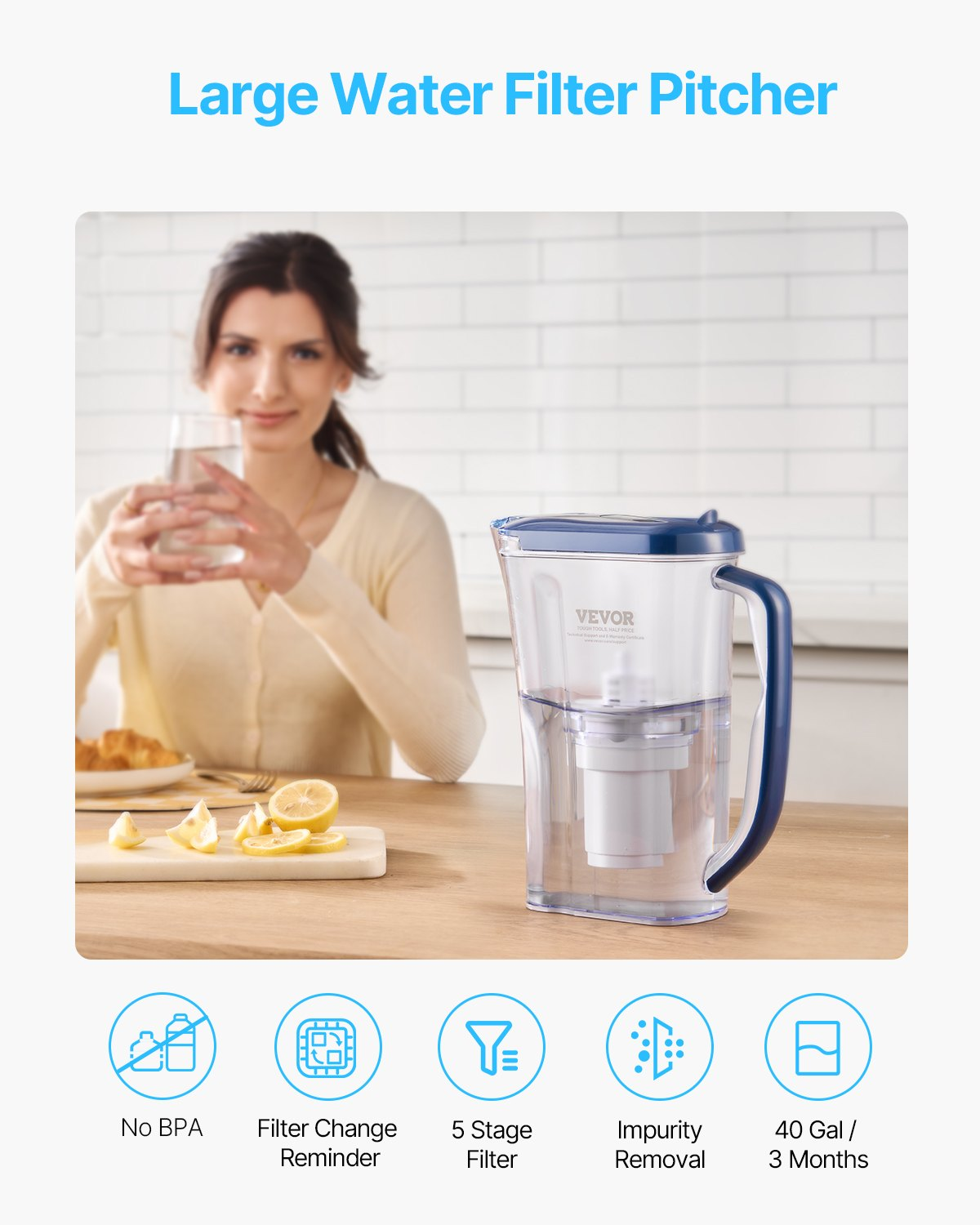 Water Filter Pitcher 9 Cup 5-stage Water Filter Dispenser 40 Gallons No BPA