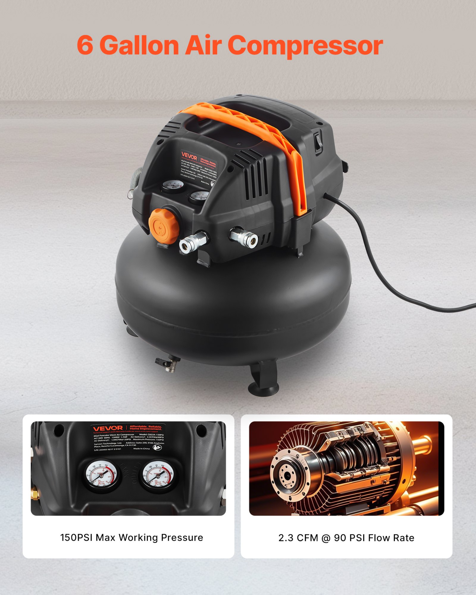 Electric Air Compressor 120V With Tank - 2 HP, 6 Gallon, 116 PSI Max, Portable For Tires, Tools, Spray Painting, Woodworking