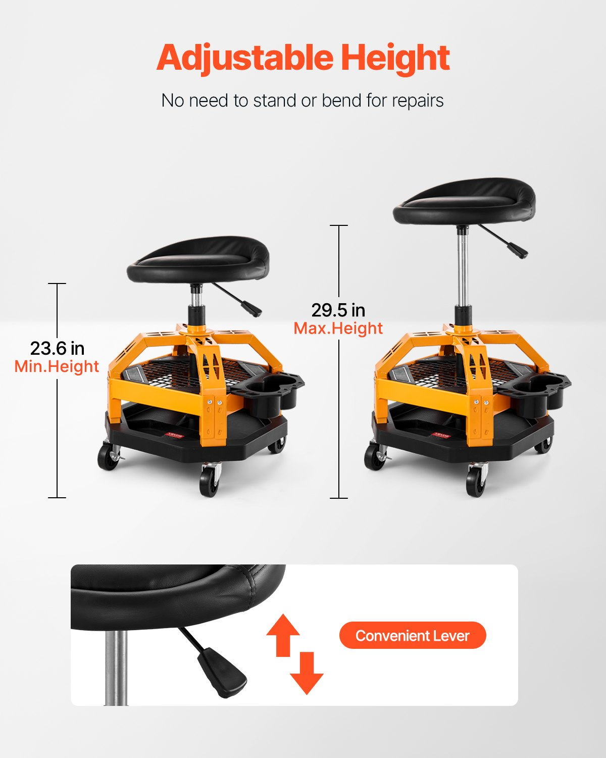 Adjustable Height Garage Shop Stool With Backrest – 300 Lbs Capacity, Black