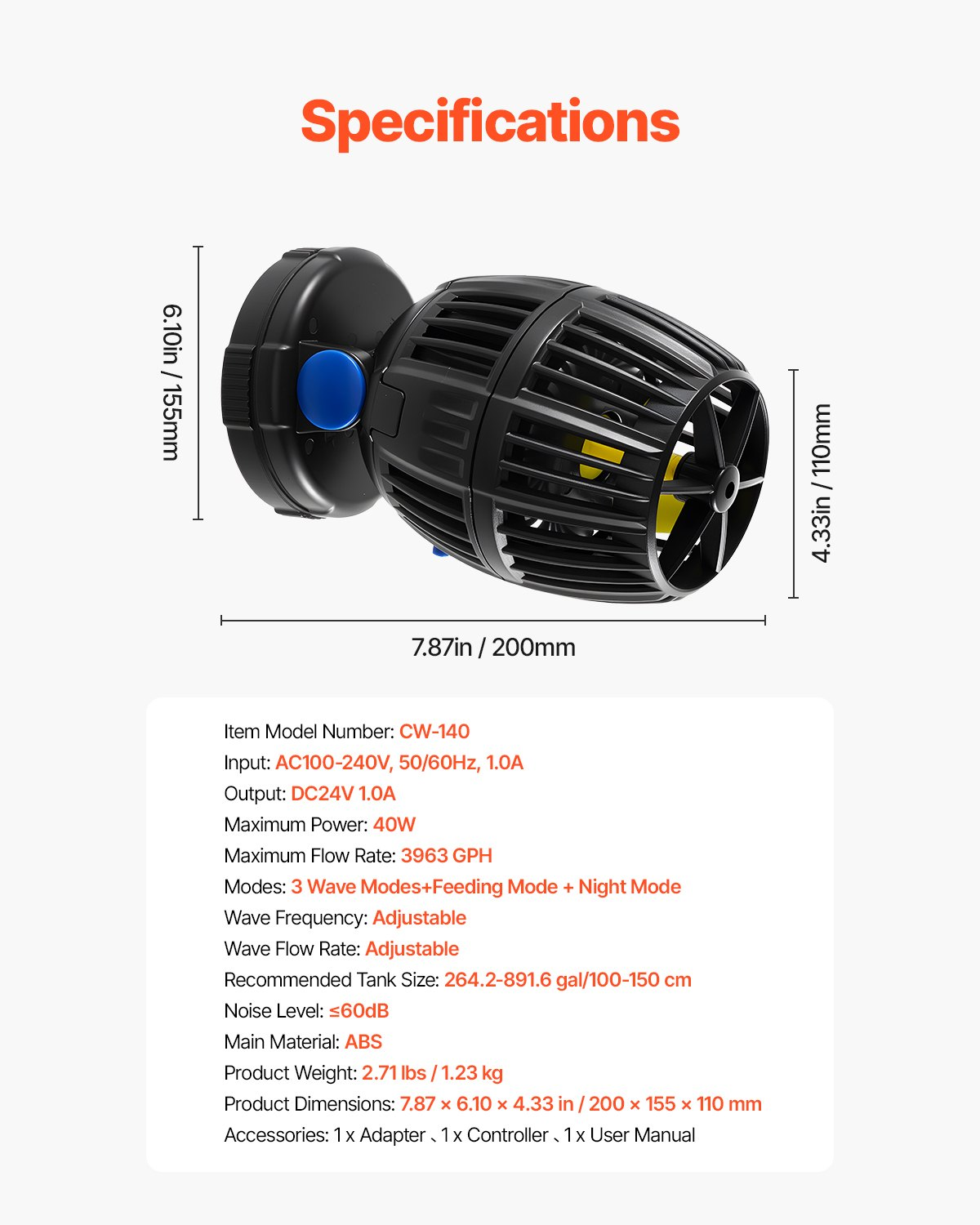 Aquarium Wave Maker, 40W, for Freshwater Saltwater