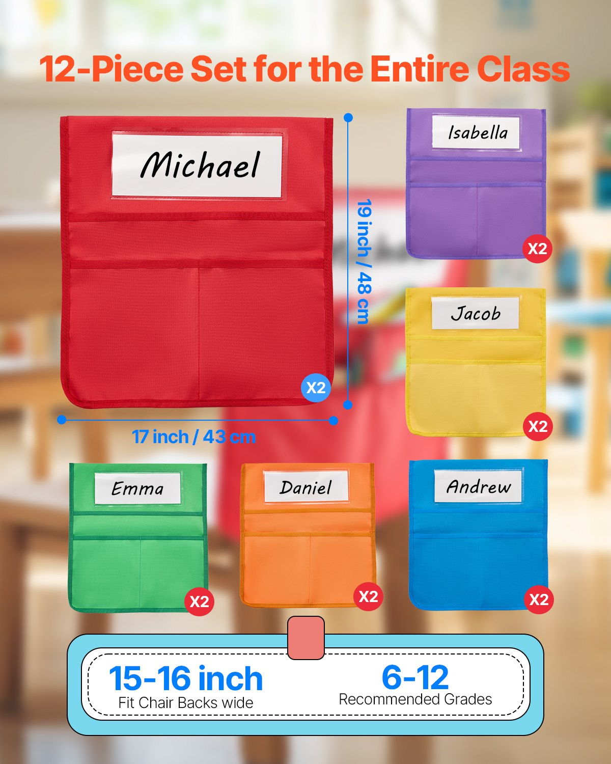 Chair Pockets for Classroom 12 Pack Seat Pocket with Name Tag Multicolor