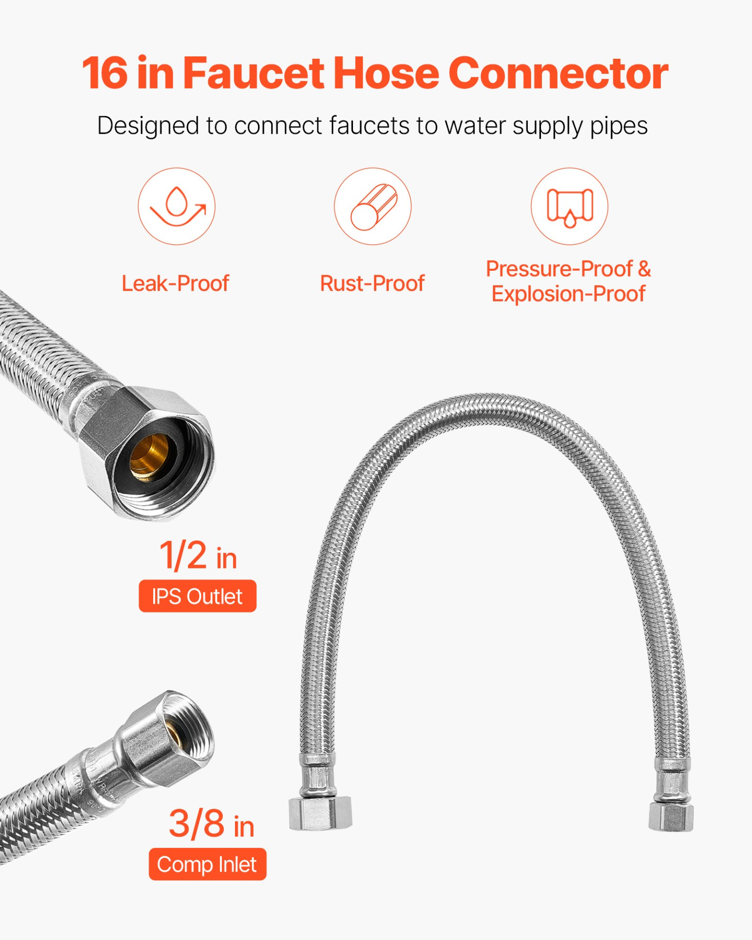 Faucet Hose Connector, 16-Inch Length, Certified Safe