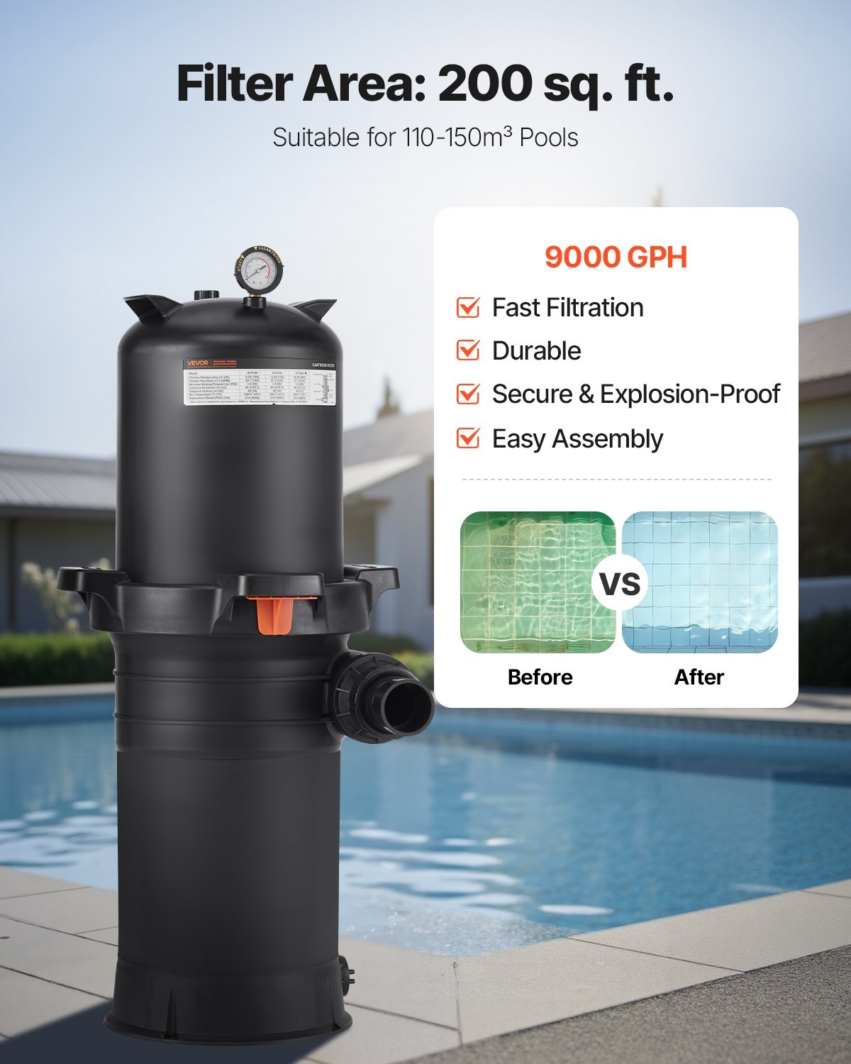 200 sq.ft² Cartridge Pool Filter Valve 9000 GPH Swimming Pool Filtration System - Picture 1 of 10