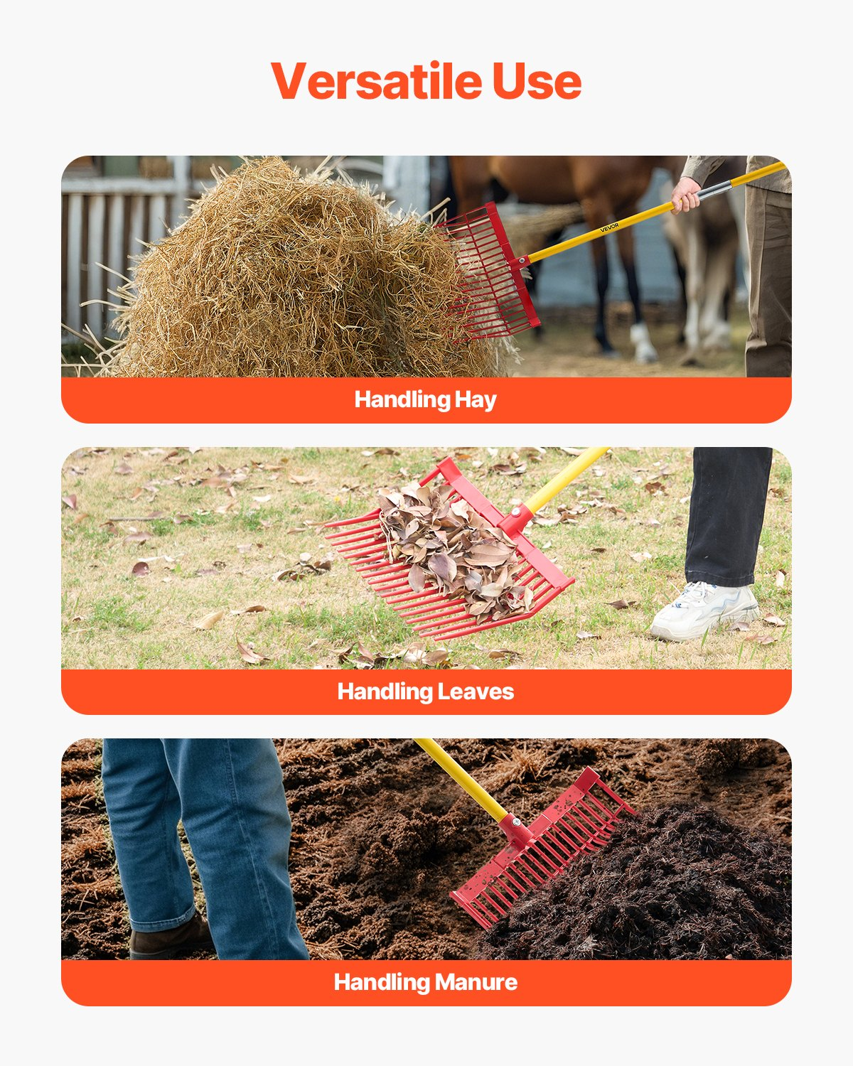 Manure Fork 18 Angled Tines 61in Long Handle Muck Rake for Stable Garden