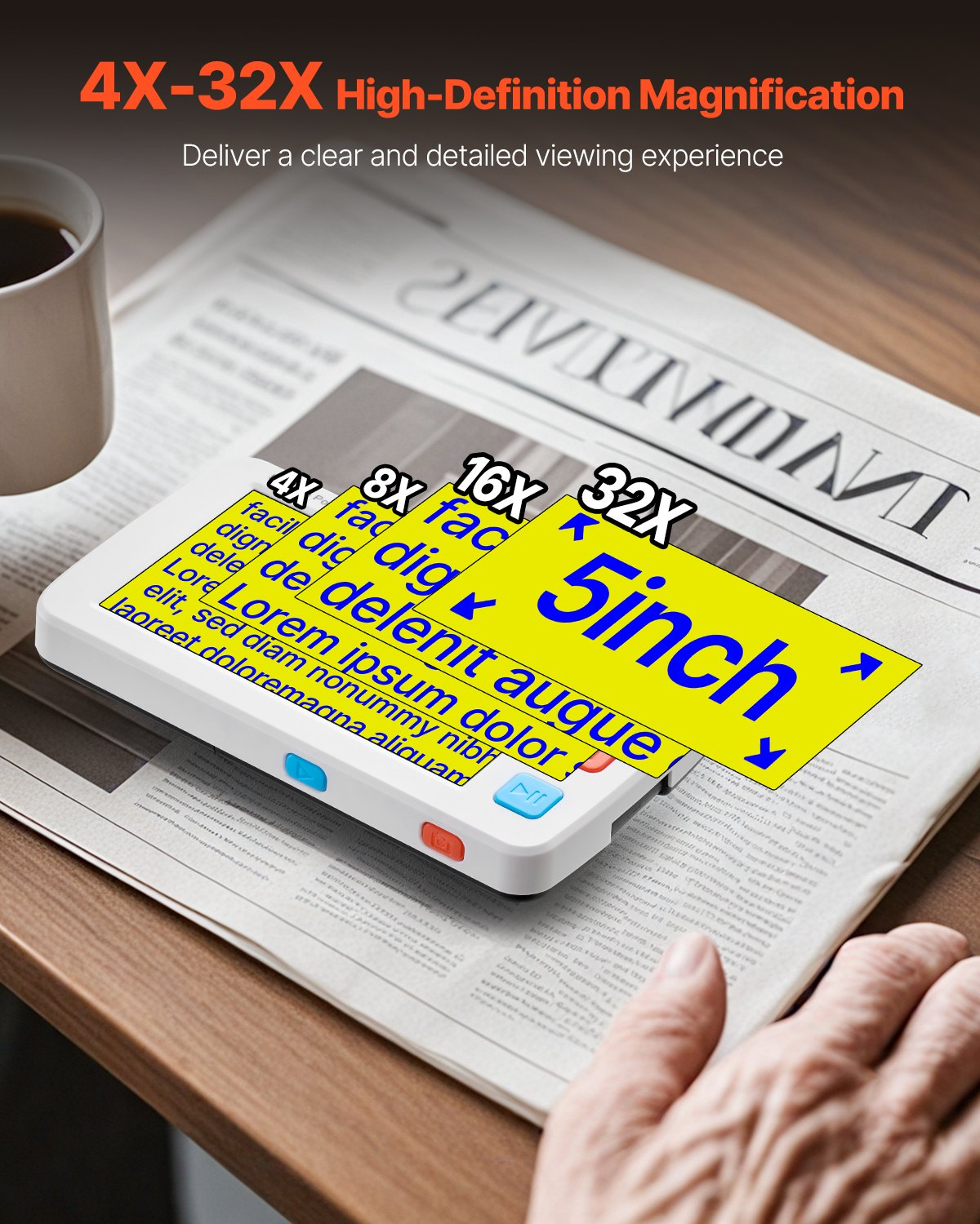 Portable Digital Magnifier, Foldable Handle & 5-Level Screen Brightness