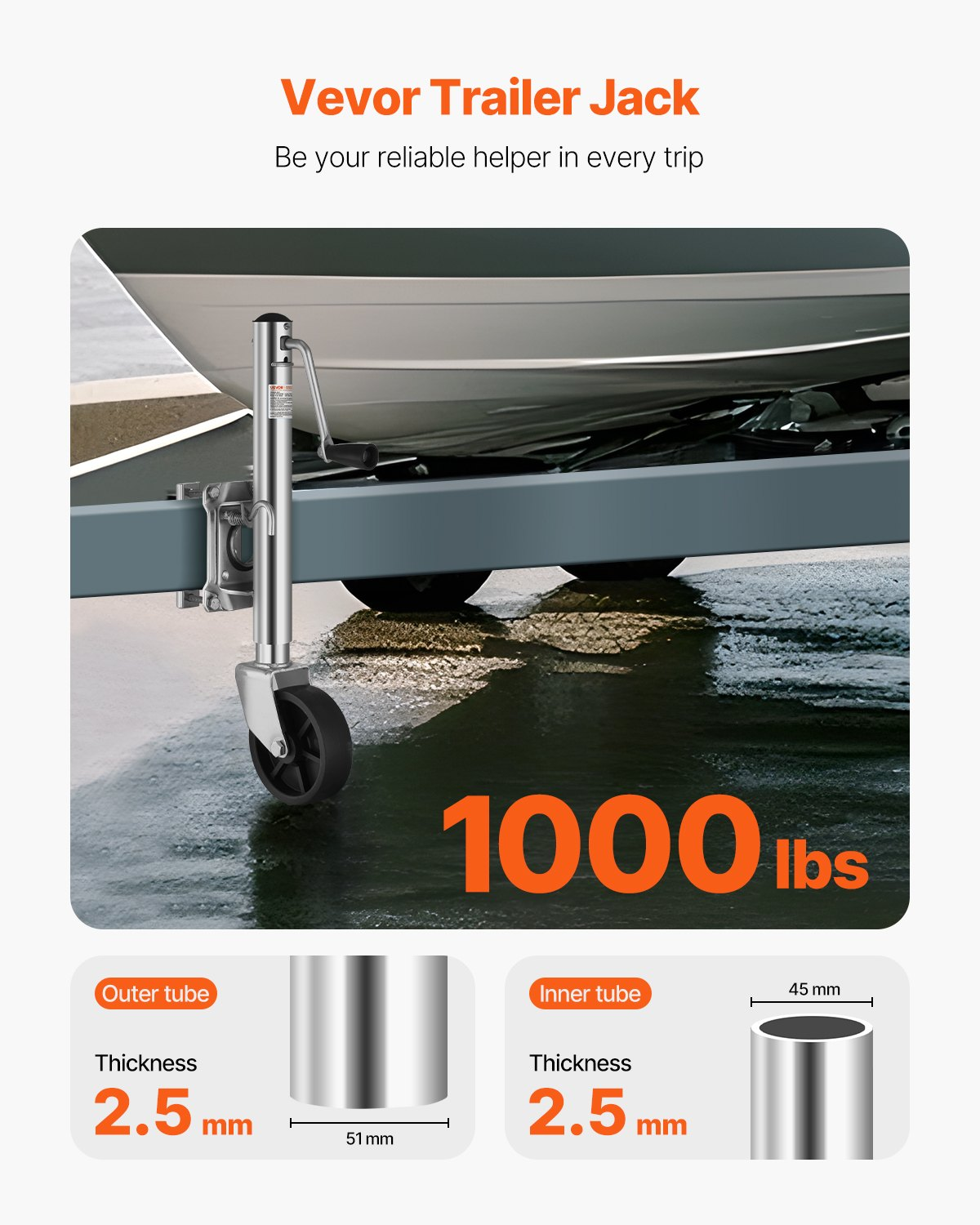 Trailer Jack with Wheel, 1000 lbs Load Capacity, Utility Trailers