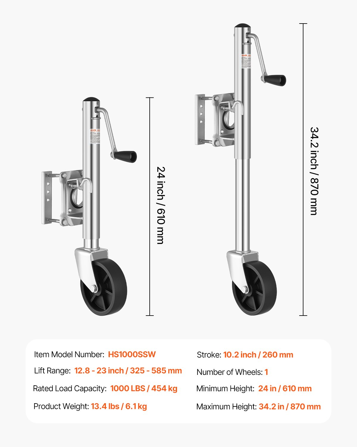 Trailer Jack with Wheel, 1000 lbs Load Capacity, Utility Trailers