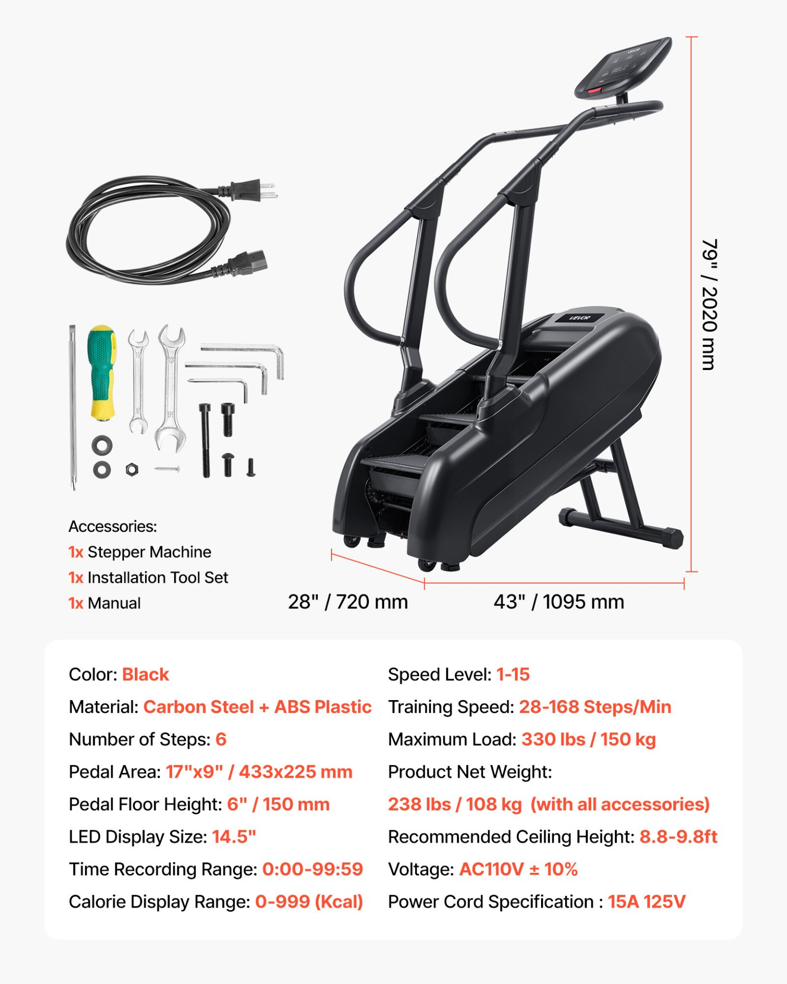 Stair Stepper Machine Stepmill Climber LED Display 330LB 15 Speed Levels