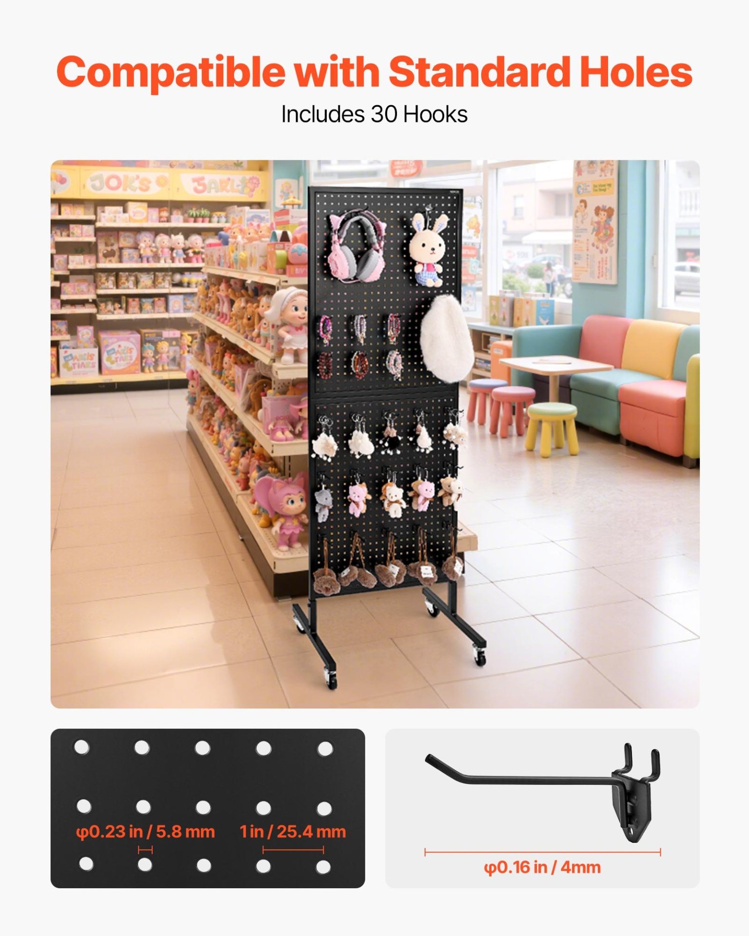Pegboard Display Stand with 30 Hooks Pegboard Panels Display with Wheels Black