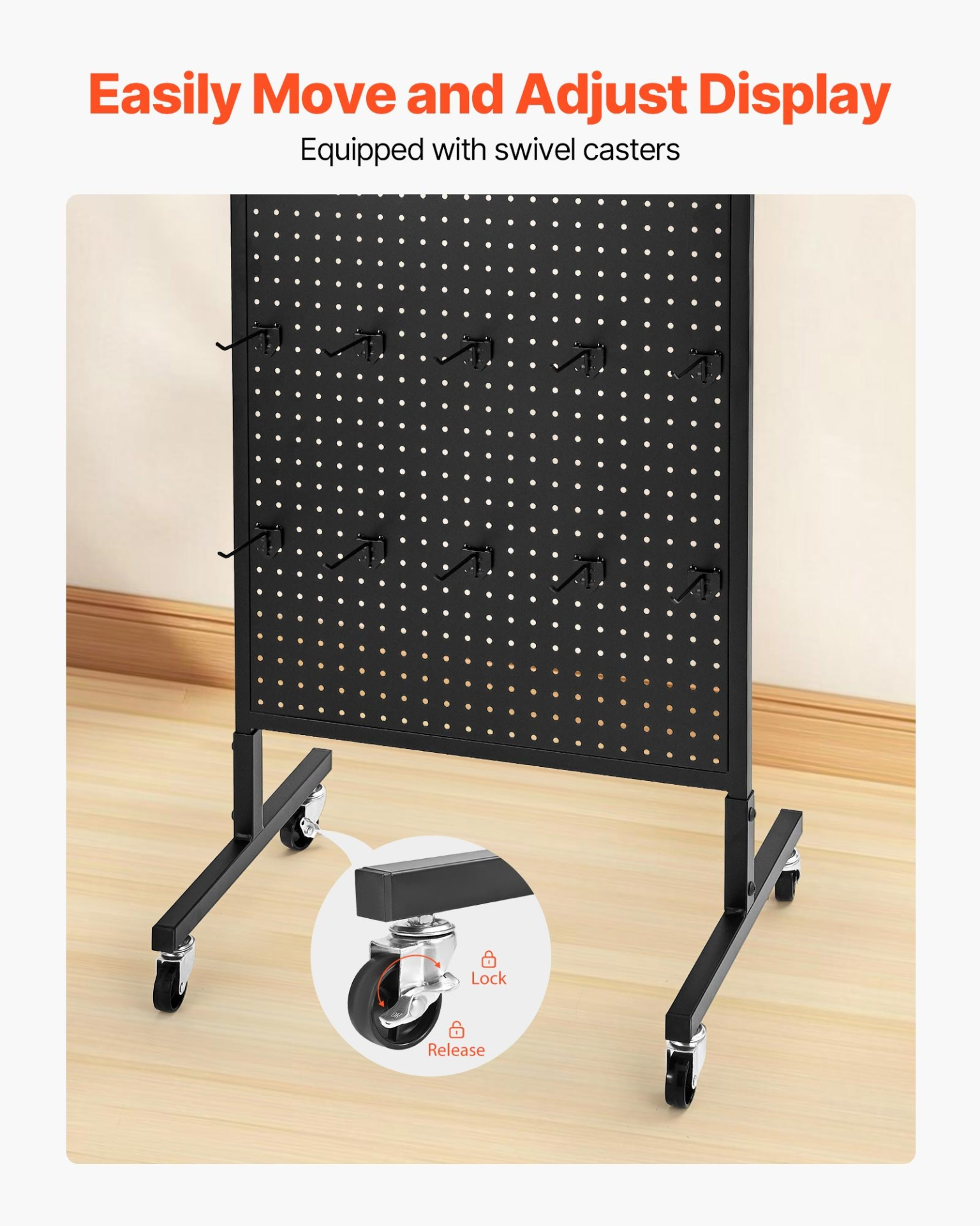 Pegboard Display Stand with 30 Hooks Pegboard Panels Display with Wheels Black