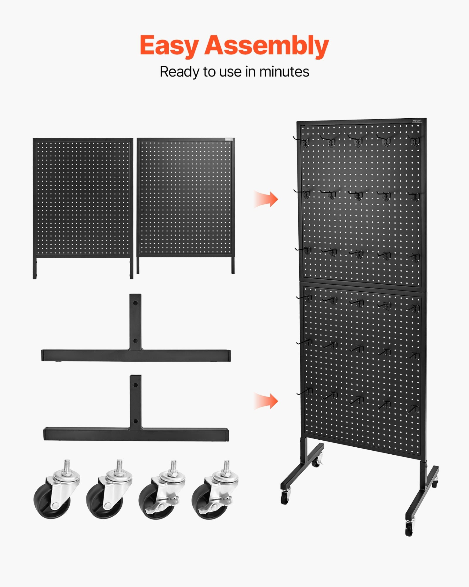 Pegboard Display Stand with 30 Hooks Pegboard Panels Display with Wheels Black