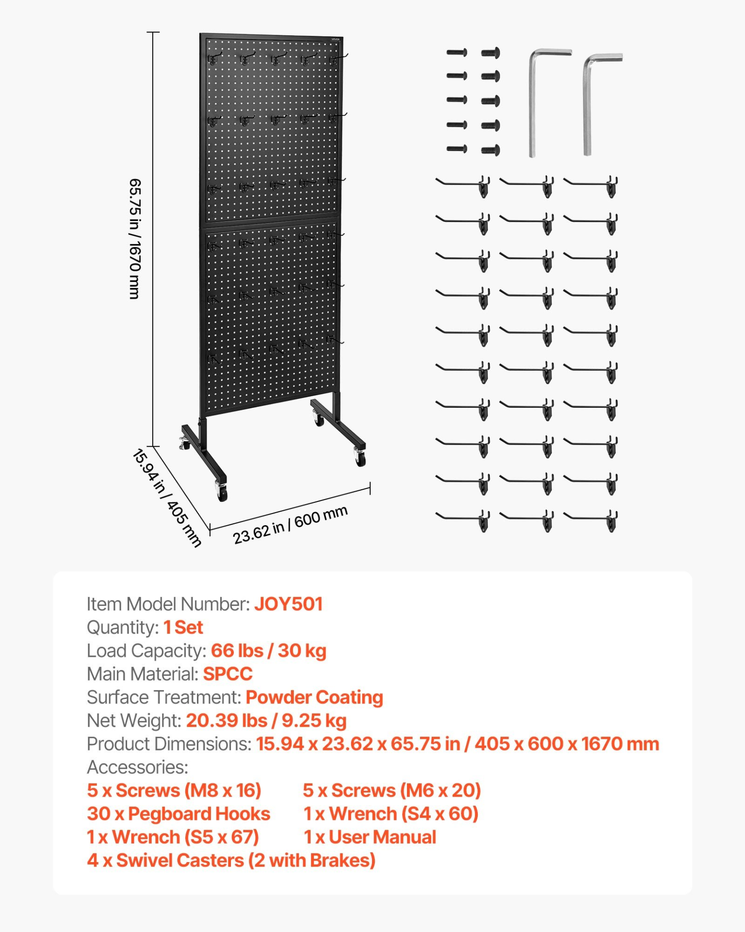 Pegboard Display Stand with 30 Hooks Pegboard Panels Display with Wheels Black