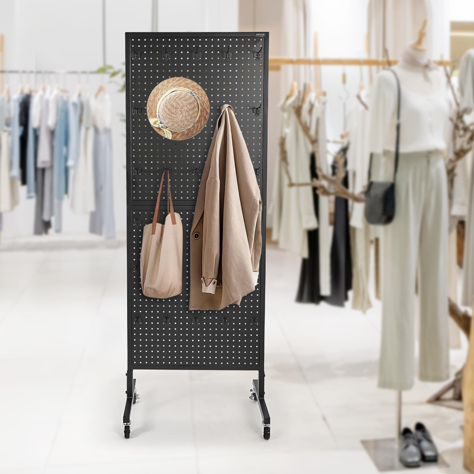 Pegboard Display Stand with 30 Hooks Pegboard Panels Display with Wheels Black