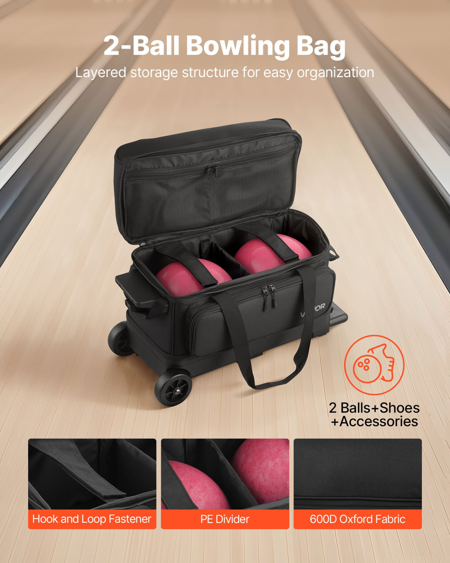 2 Ball Bowling Bag with Wheels Double Roller Bowling Bag with Shoe Compartment