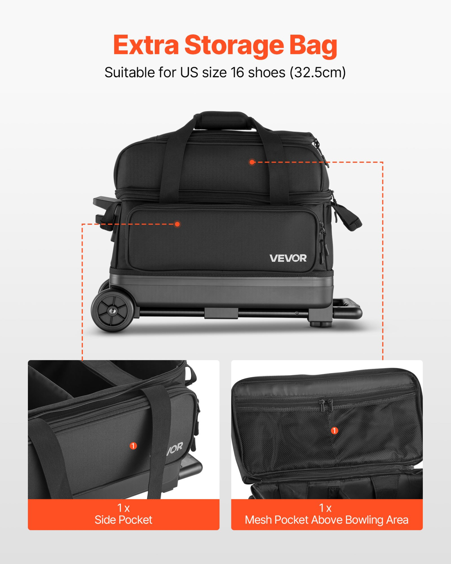 2 Ball Bowling Bag with Wheels Double Roller Bowling Bag with Shoe Compartment