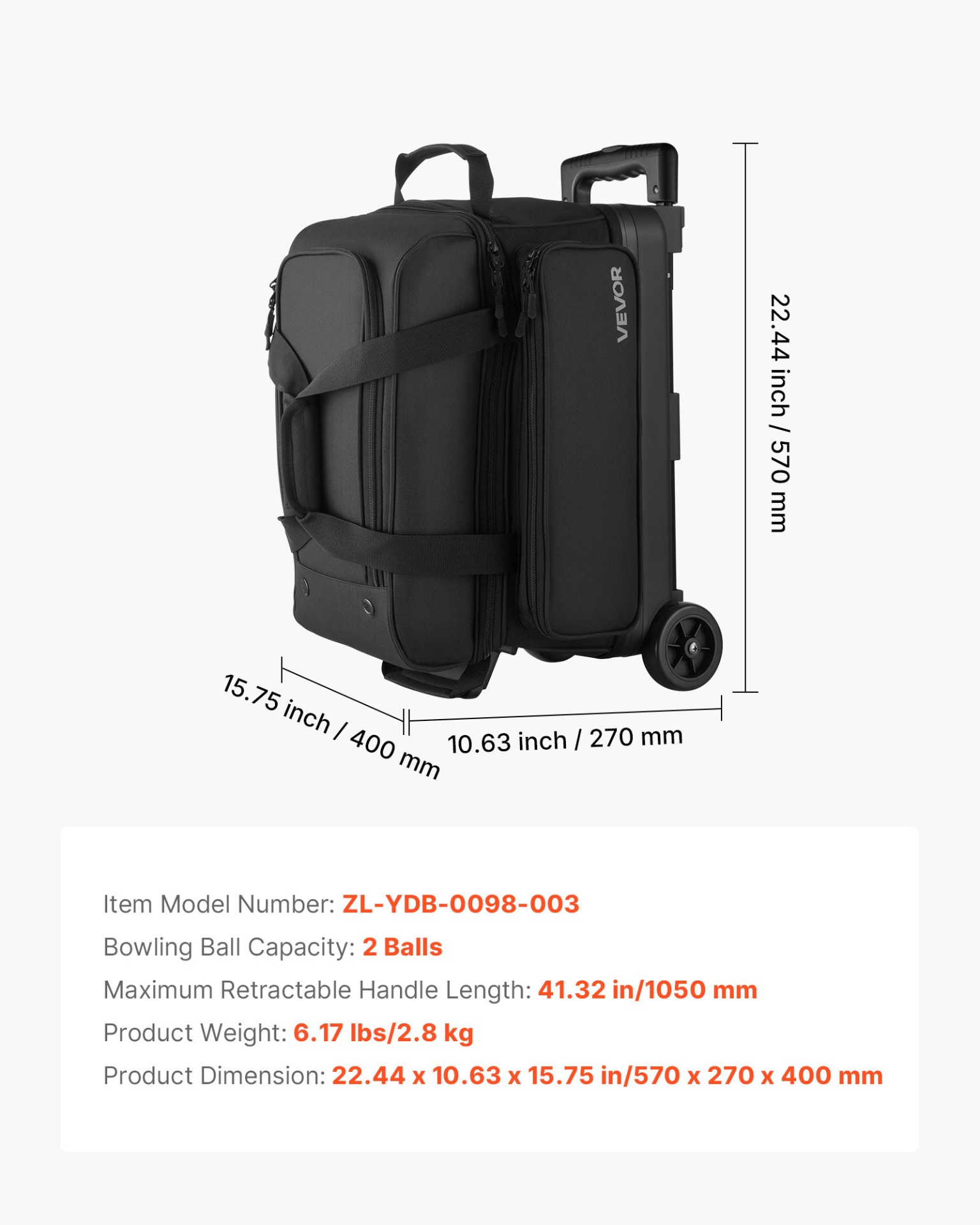 2 Ball Bowling Bag with Wheels Double Roller Bowling Bag with Shoe Compartment