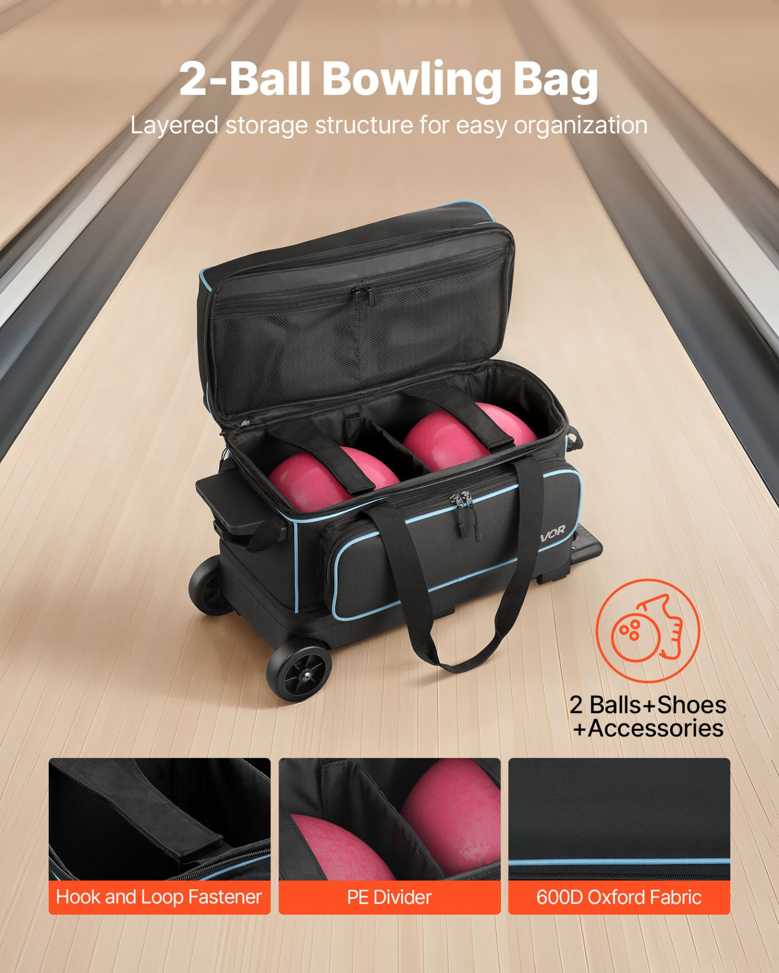 2 Ball Double Roller Bowling Bag w/Wheels Shoe Compartment Size 16 Handle