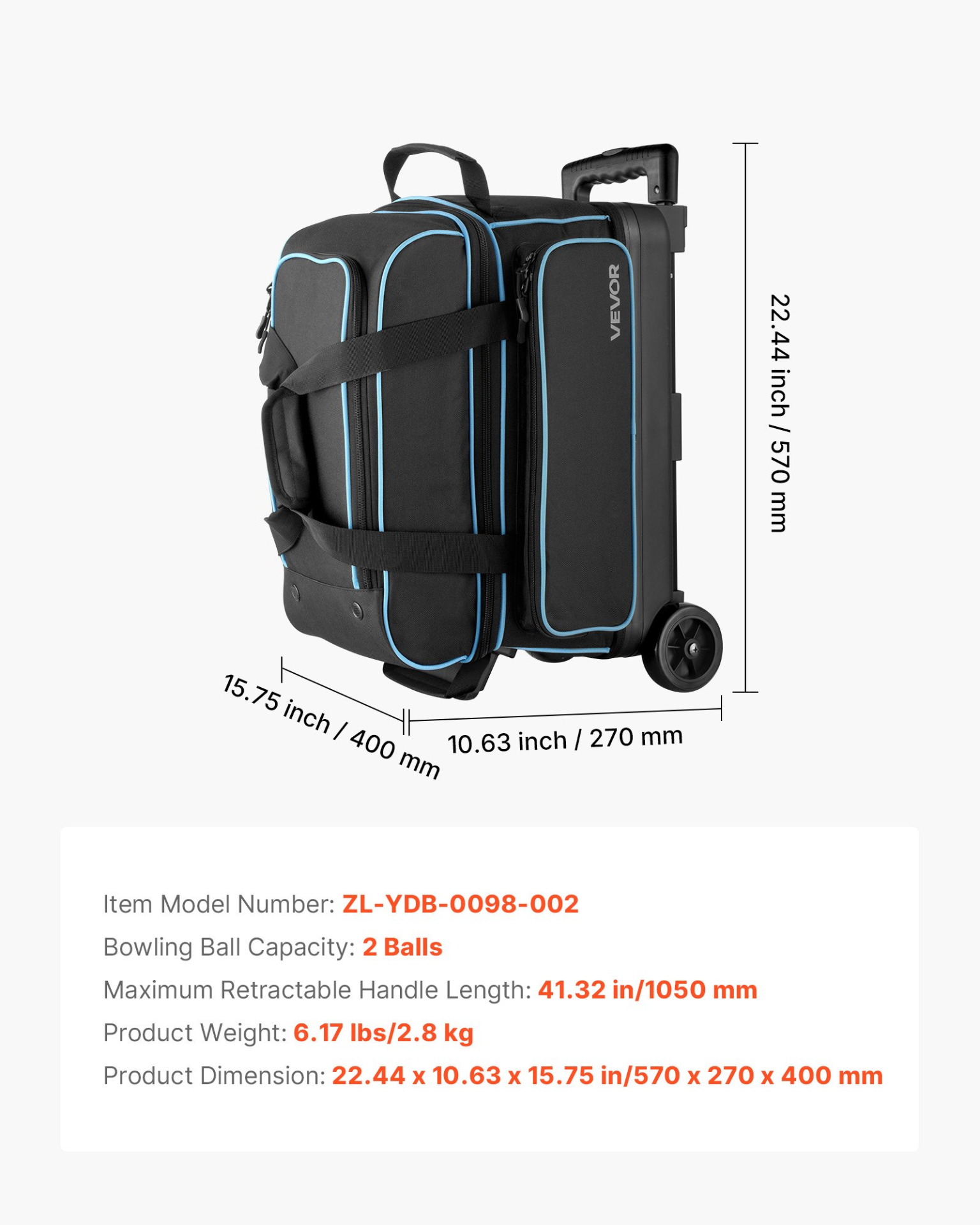 2 Ball Double Roller Bowling Bag w/Wheels Shoe Compartment Size 16 Handle