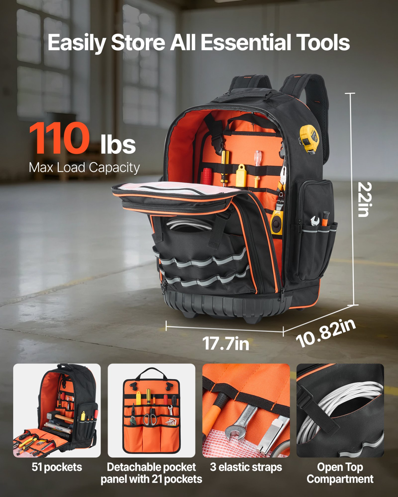 Rolling Tool Backpack 72 Pockets Heavy Duty Roller Tool Bag on Wheels