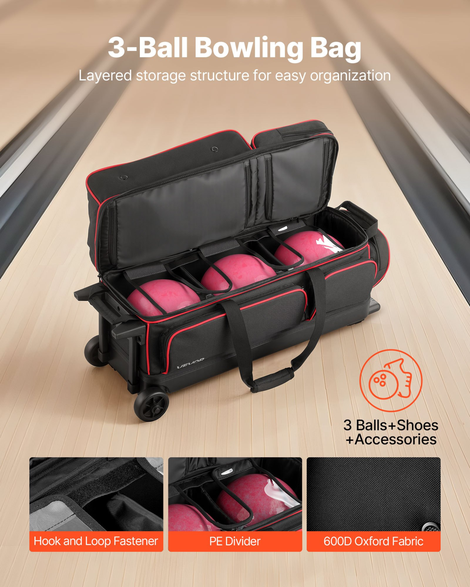 3 Ball Bowling Bag with Wheels Double Roller Bowling Bag with Shoe Compart 657