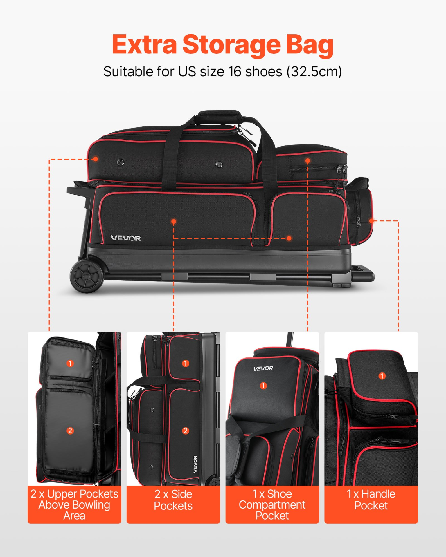 3 Ball Bowling Bag with Wheels Double Roller Bowling Bag with Shoe Compart 657