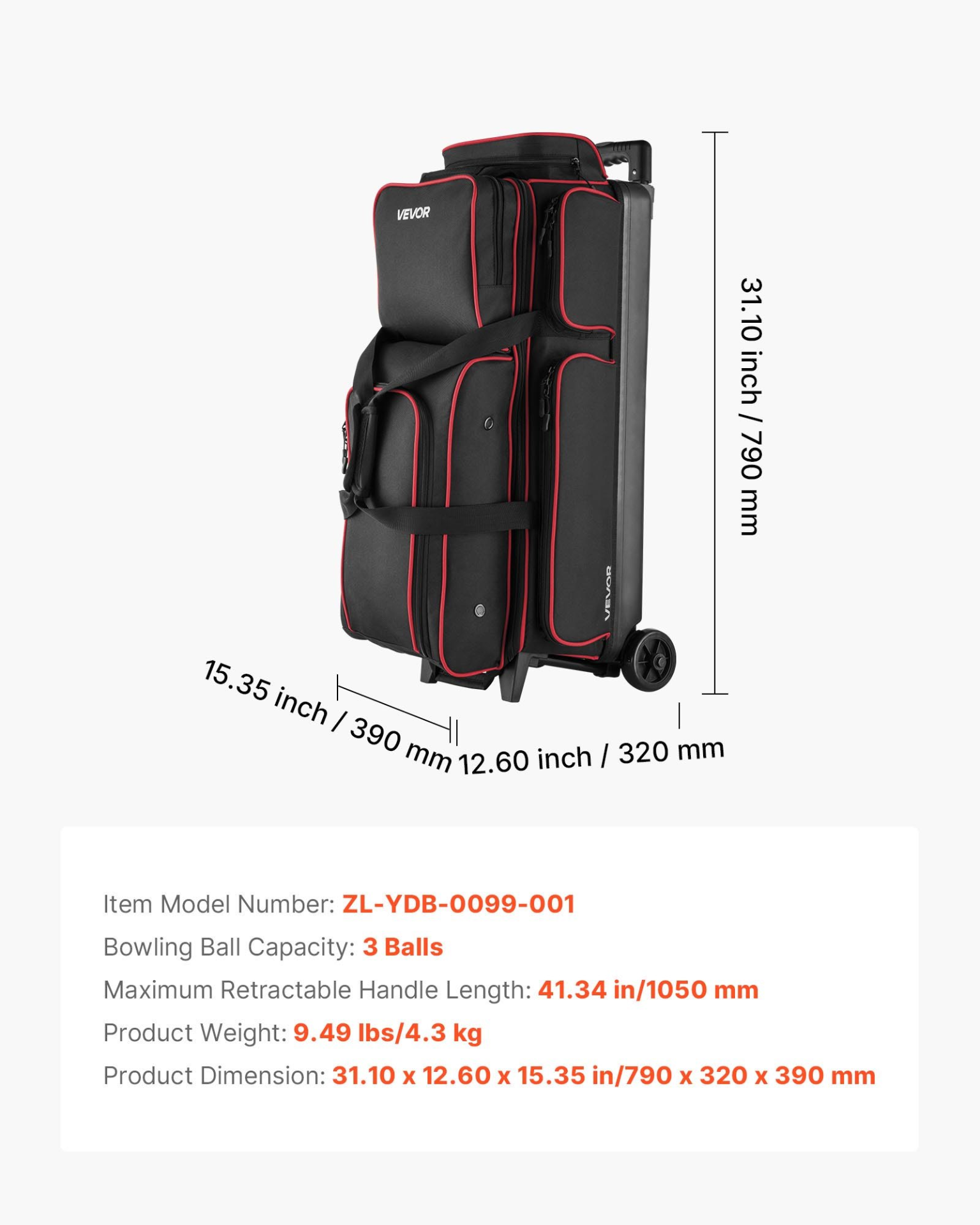 3 Ball Bowling Bag with Wheels Double Roller Bowling Bag with Shoe Compart 657