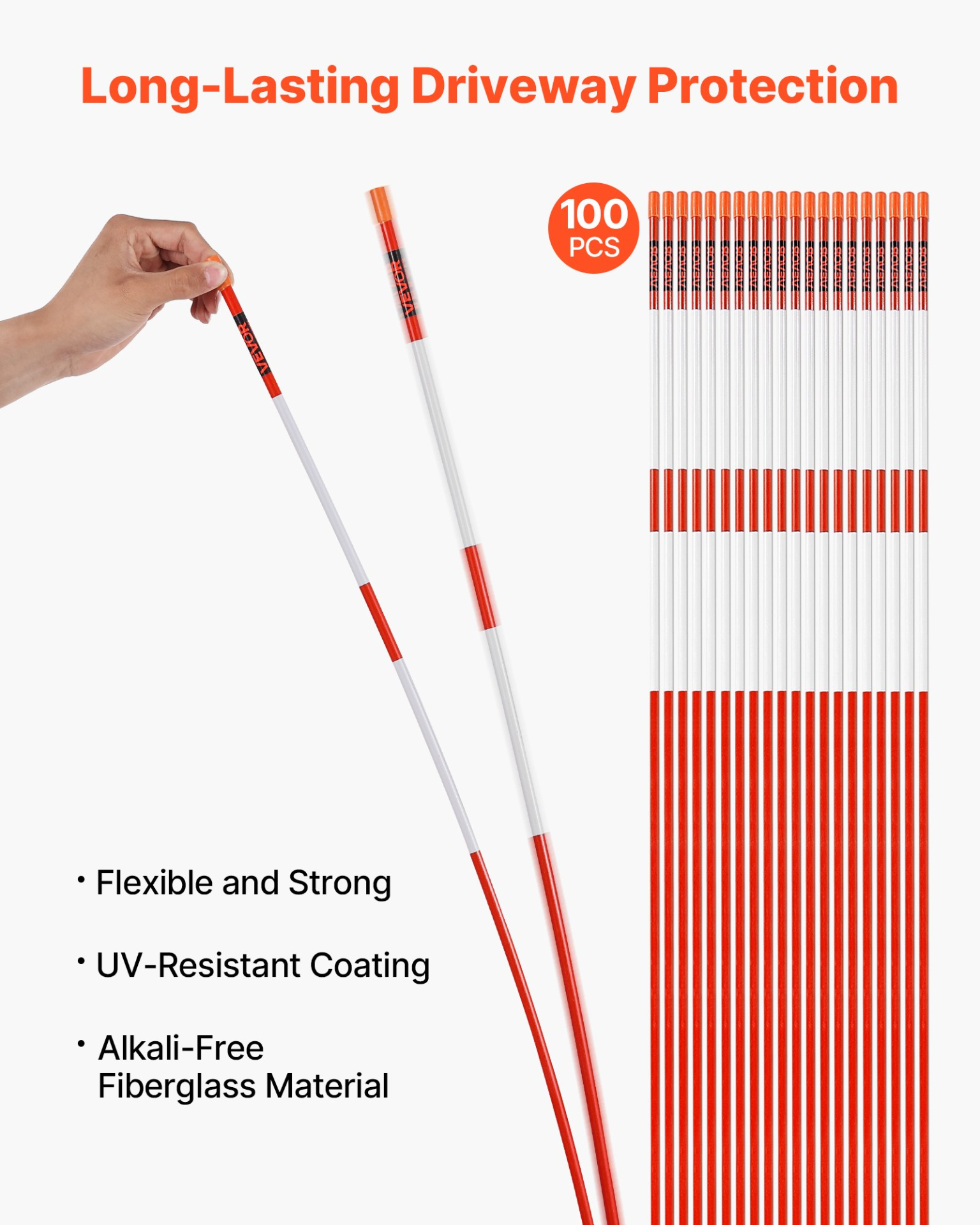 Driveway Markers, 100Pcs 72 in Long 5/16 in Dia, Snow Plowing