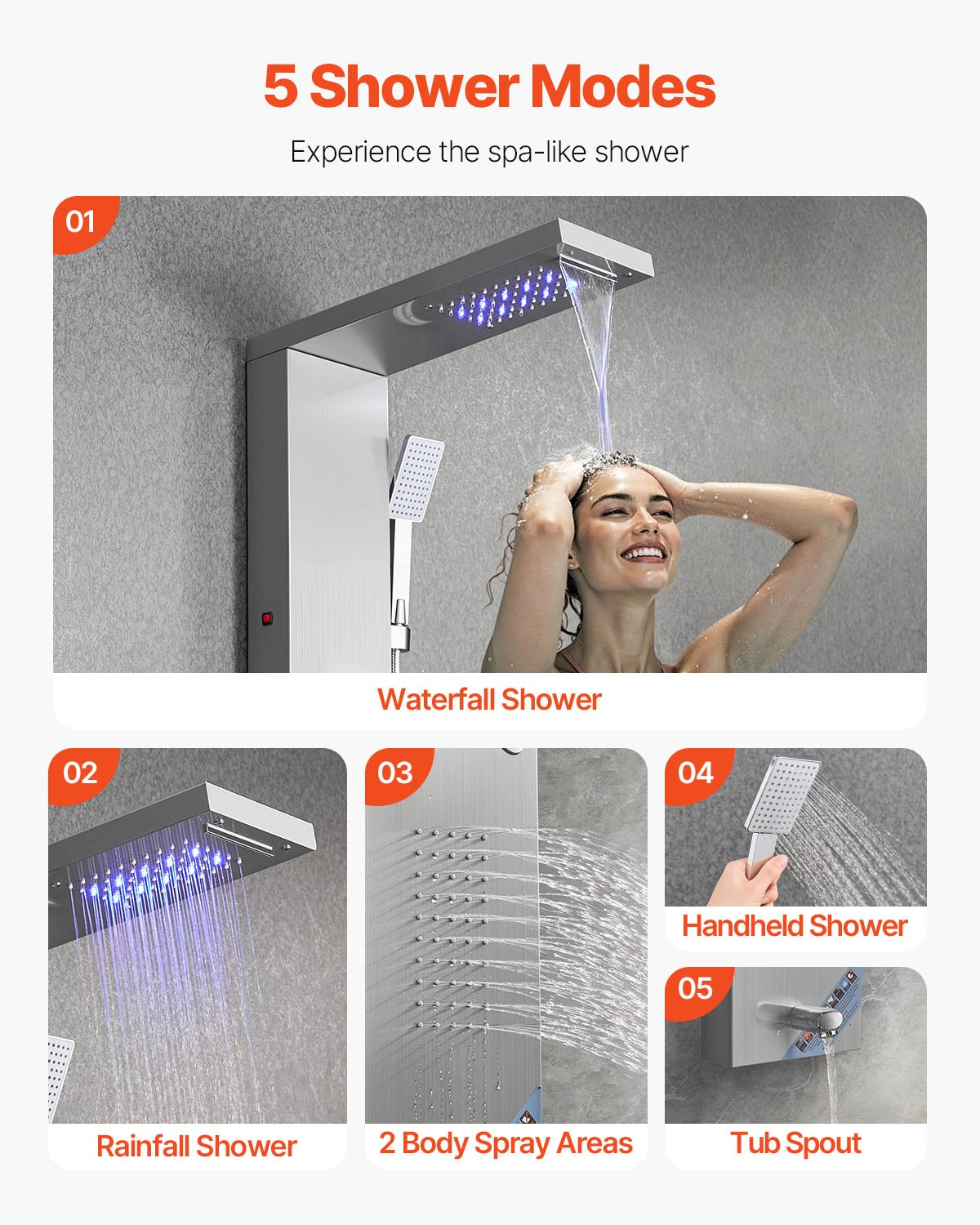 Shower Panel Tower System Stainless Steel Column Rainfall Waterfall Head 5 Modes