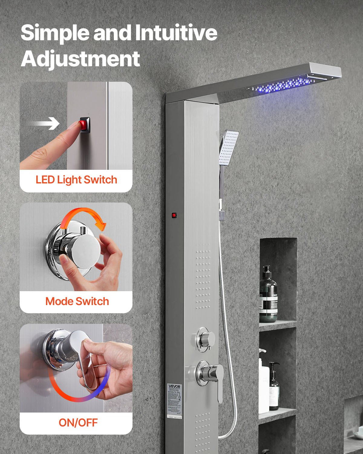 Shower Panel Tower System Stainless Steel Column Rainfall Waterfall Head 5 Modes
