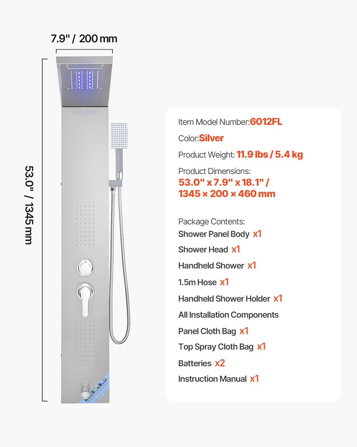 Shower Panel Tower System Stainless Steel Column Rainfall Waterfall Head 5 Modes